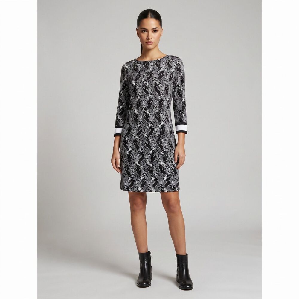 NWT Michael Kors Geometric Shift Mini Dress M Black White Swirl Stretch Sheath
